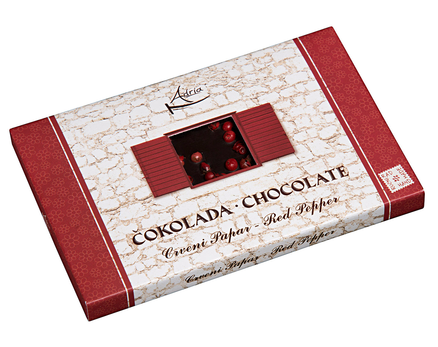Adria-Schokolade sind komplett handgefertigt und verpackt, und wenn Sie dazu den Geschmack von süßer roter Paprika hinzufügen, ist der Genuss endlos. Gönnen Sie sich eine der besten Kombinationen aus süß und würzig. Auf jeden Fall eine Verkostung wert.